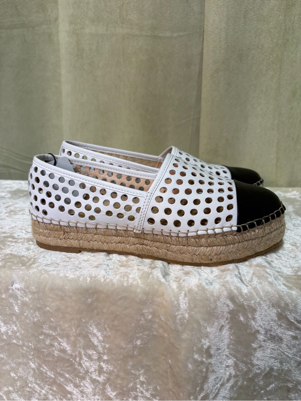 Loeffler Randall White Perforated Espadrille with Black Cap Toe